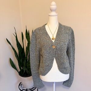 Christopher & Banks | Heathered Teal and Brown Single‑Button Cropped Cardigan